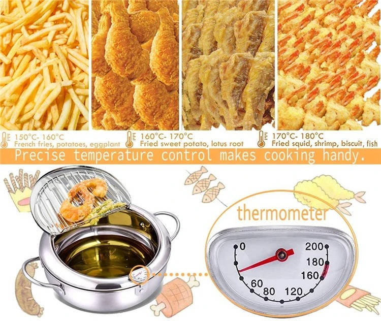 Deep Frying Pot with Splash Guard Lid and Built-in Thermometer, Wire Drain Rack