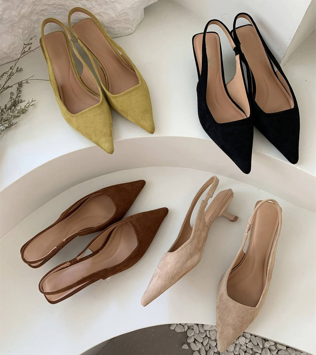 Pointed Toe Slingback Kitten Heels for Women with Microfiber Upper and Slip-On Design