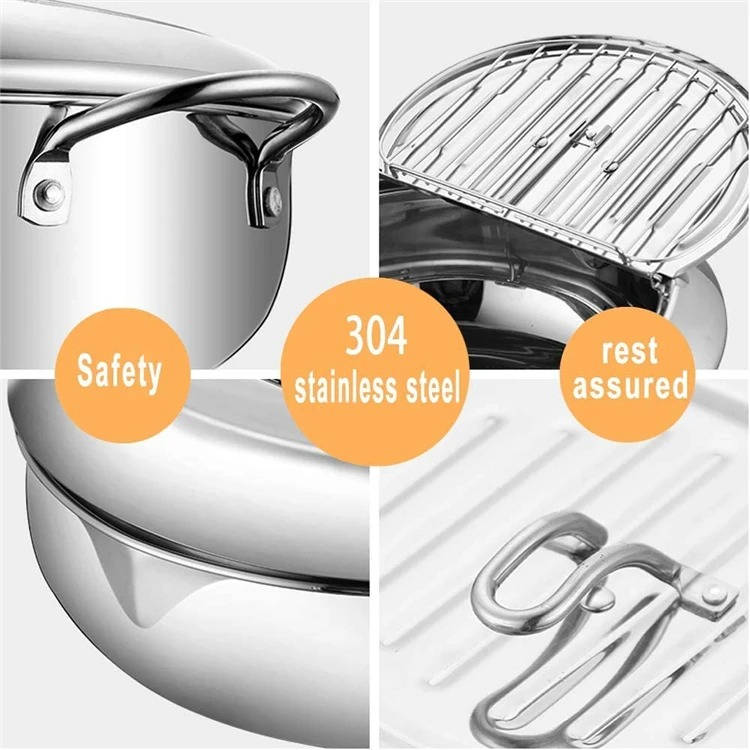 Deep Frying Pot with Splash Guard Lid and Built-in Thermometer, Wire Drain Rack