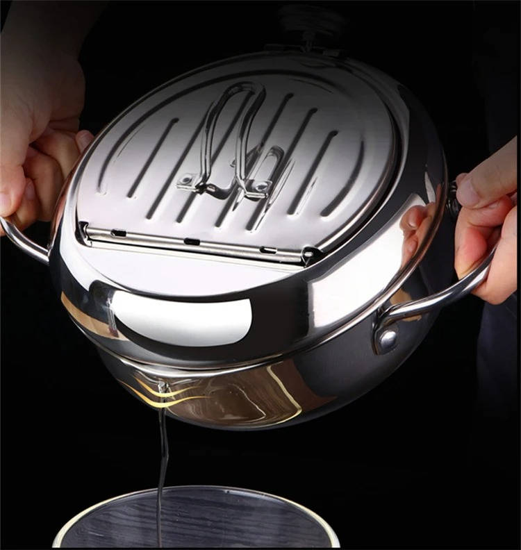Deep Frying Pot with Splash Guard Lid and Built-in Thermometer, Wire Drain Rack