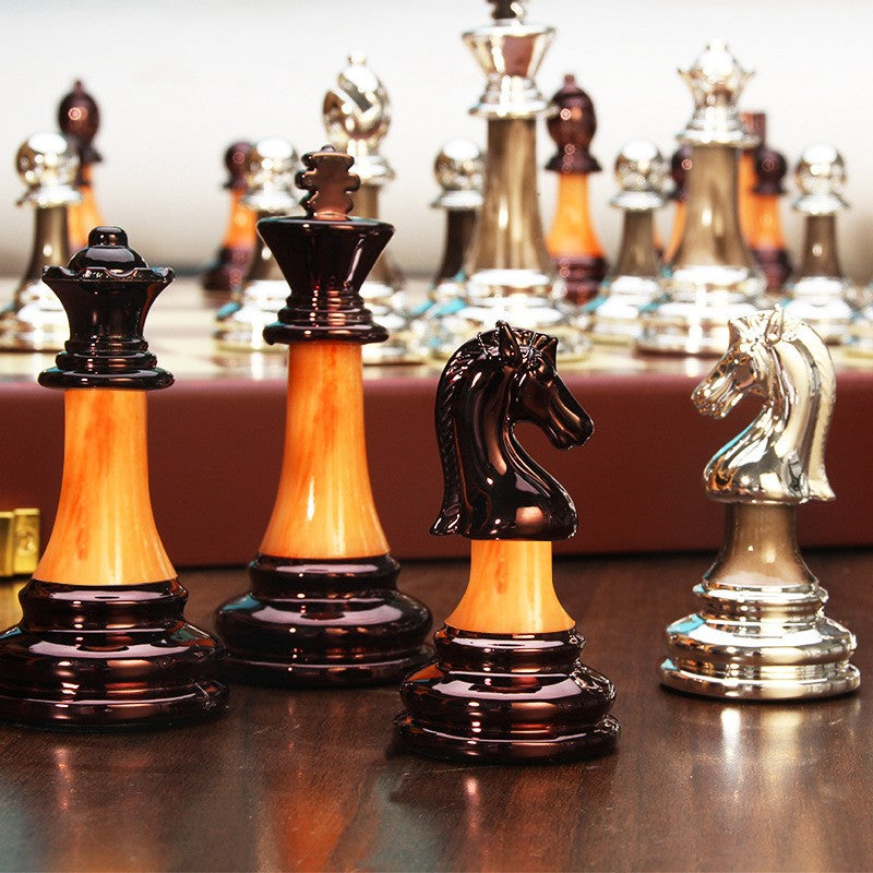 Luxurious Metal Chess Set with Large 16.5 in Wooden Board, Premium Chess Game Set