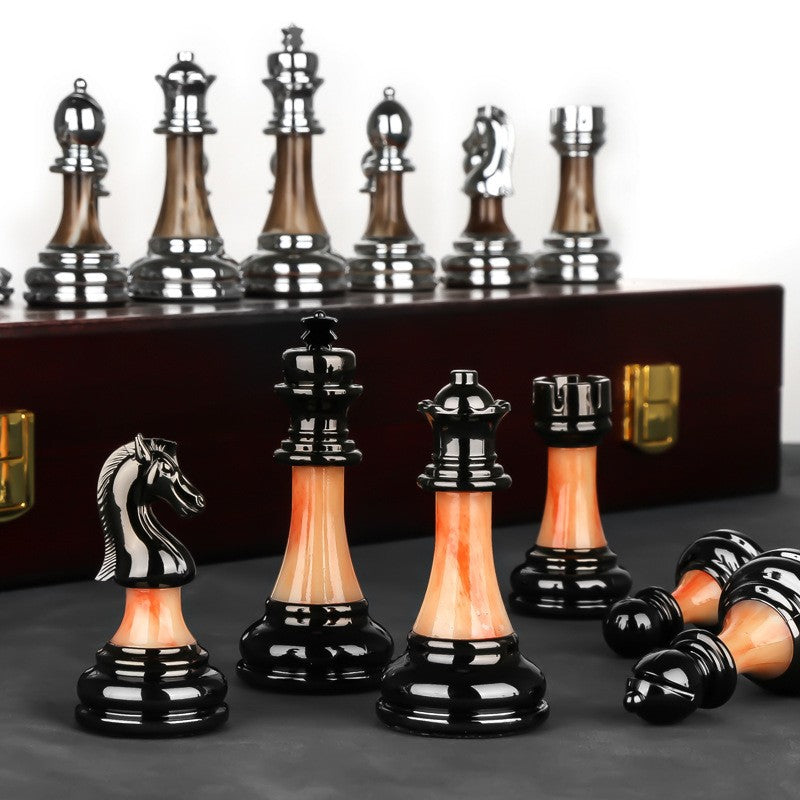 Luxurious Metal Chess Set with Large 16.5 in Wooden Board, Premium Chess Game Set