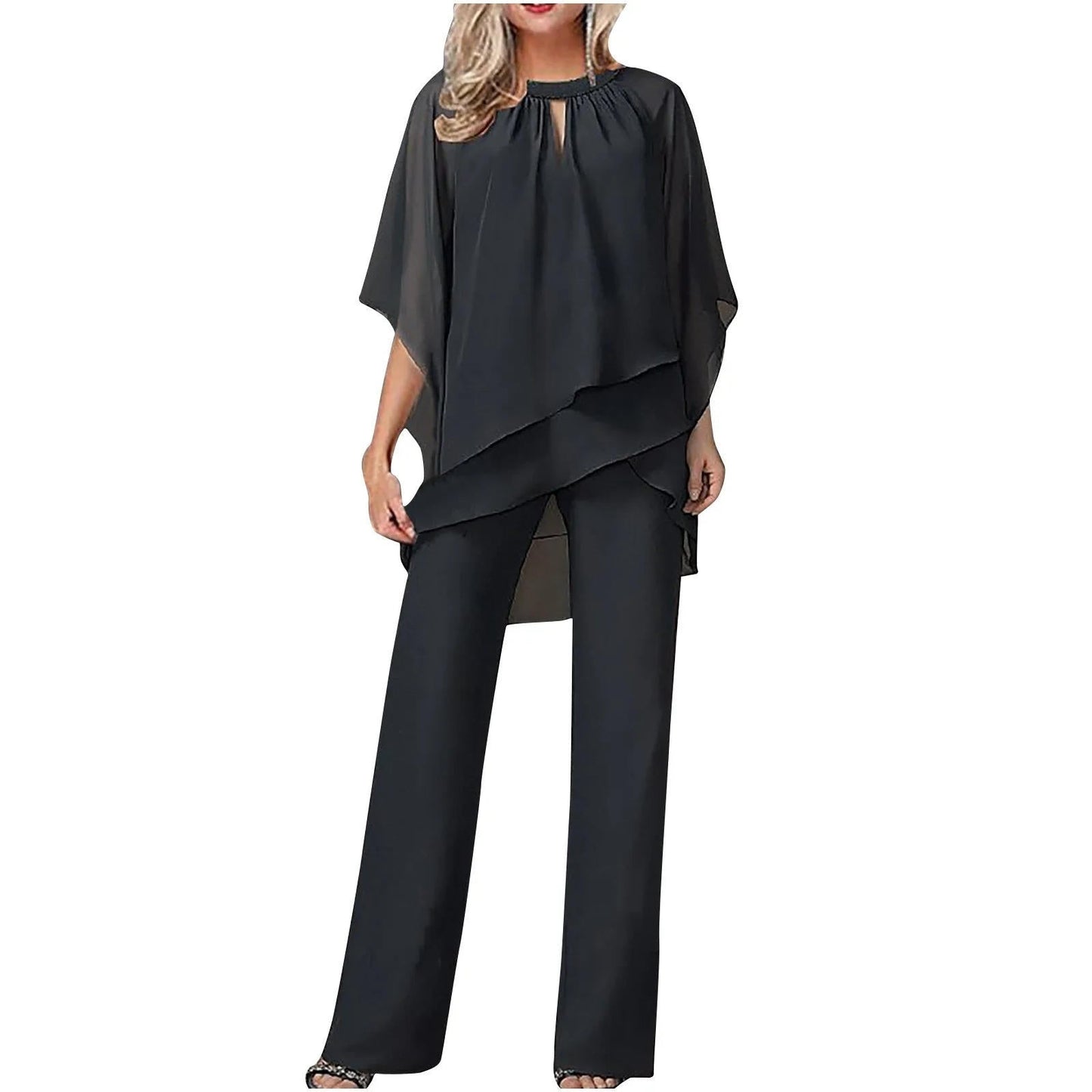Chiffon Pantsuit with Batwing Sleeves and Shimmer Weave, Machine Washable