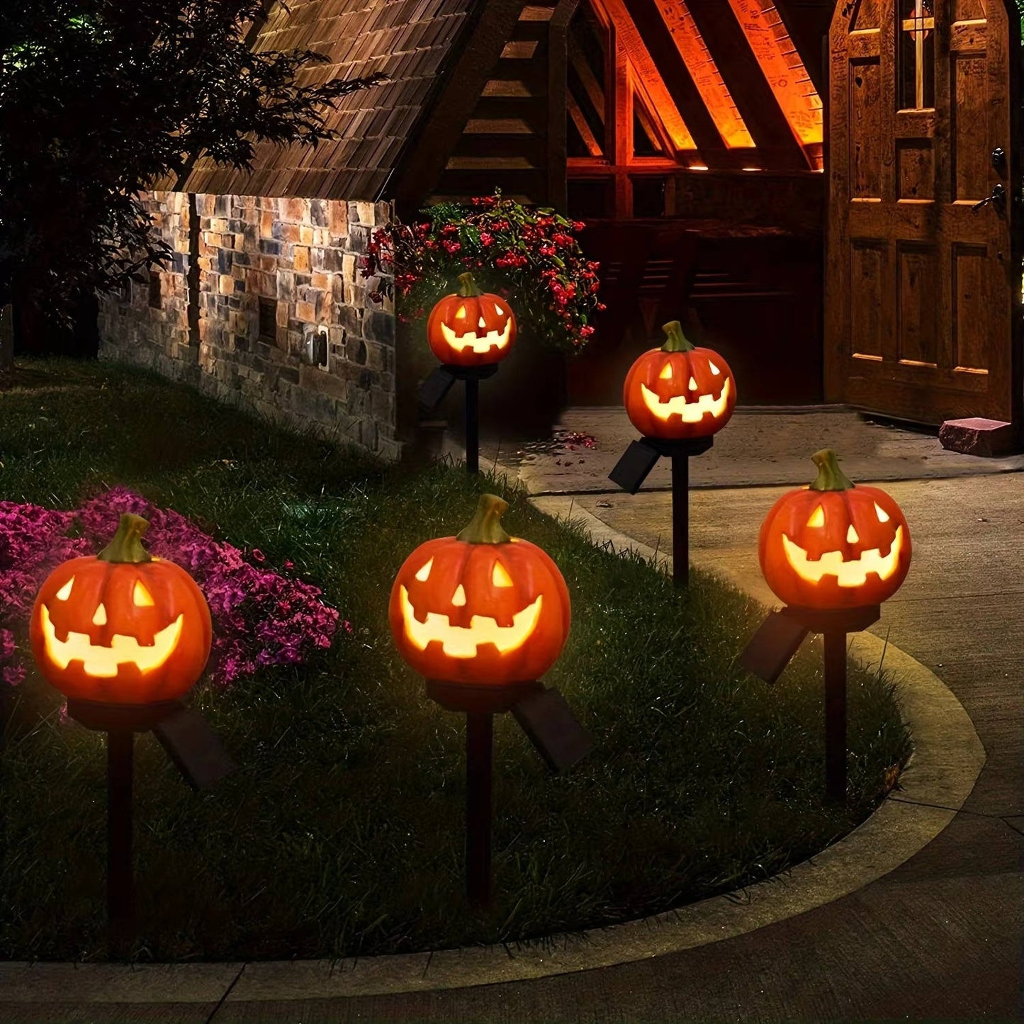 Solar Pumpkin Pathway Lights with Automatic Dusk Sensor and Warm White LED