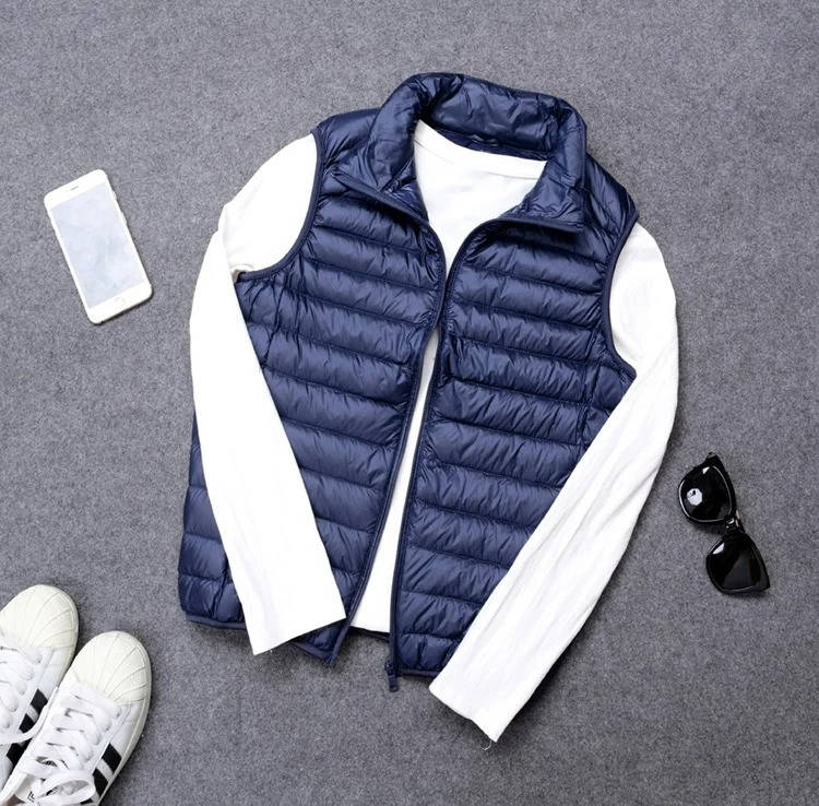 Down Fill Vest with Water Resistant Shell and Stand Up Collar, Packable