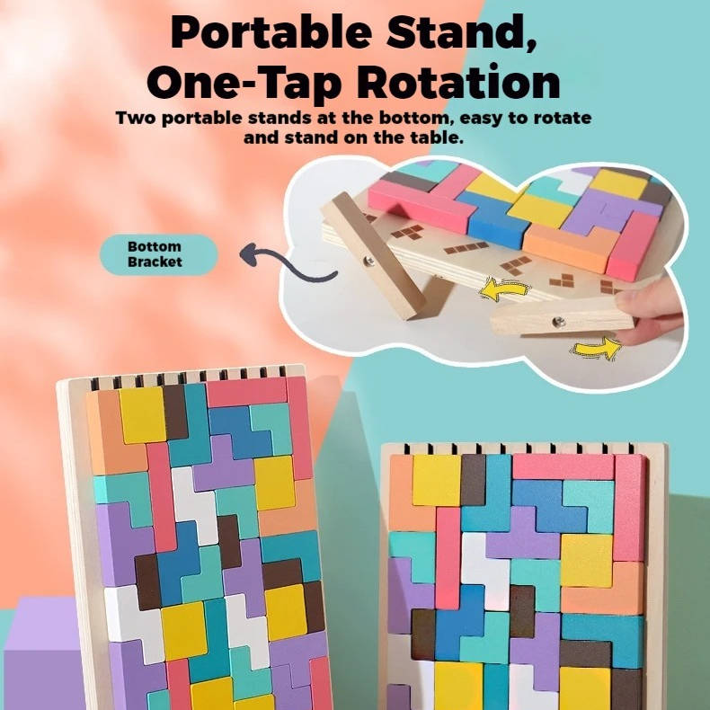 Wooden Puzzle Blocks with 42 Pieces and 10 Cards, Foldout Stand
