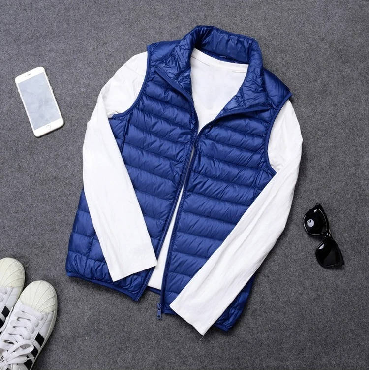 Down Fill Vest with Water Resistant Shell and Stand Up Collar, Packable