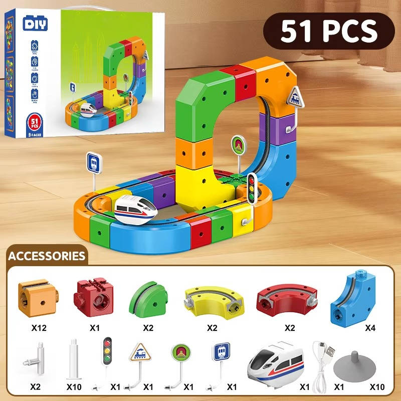 Motorized Magnetic Train Set with Flexible Track Cubes and Traffic Signs