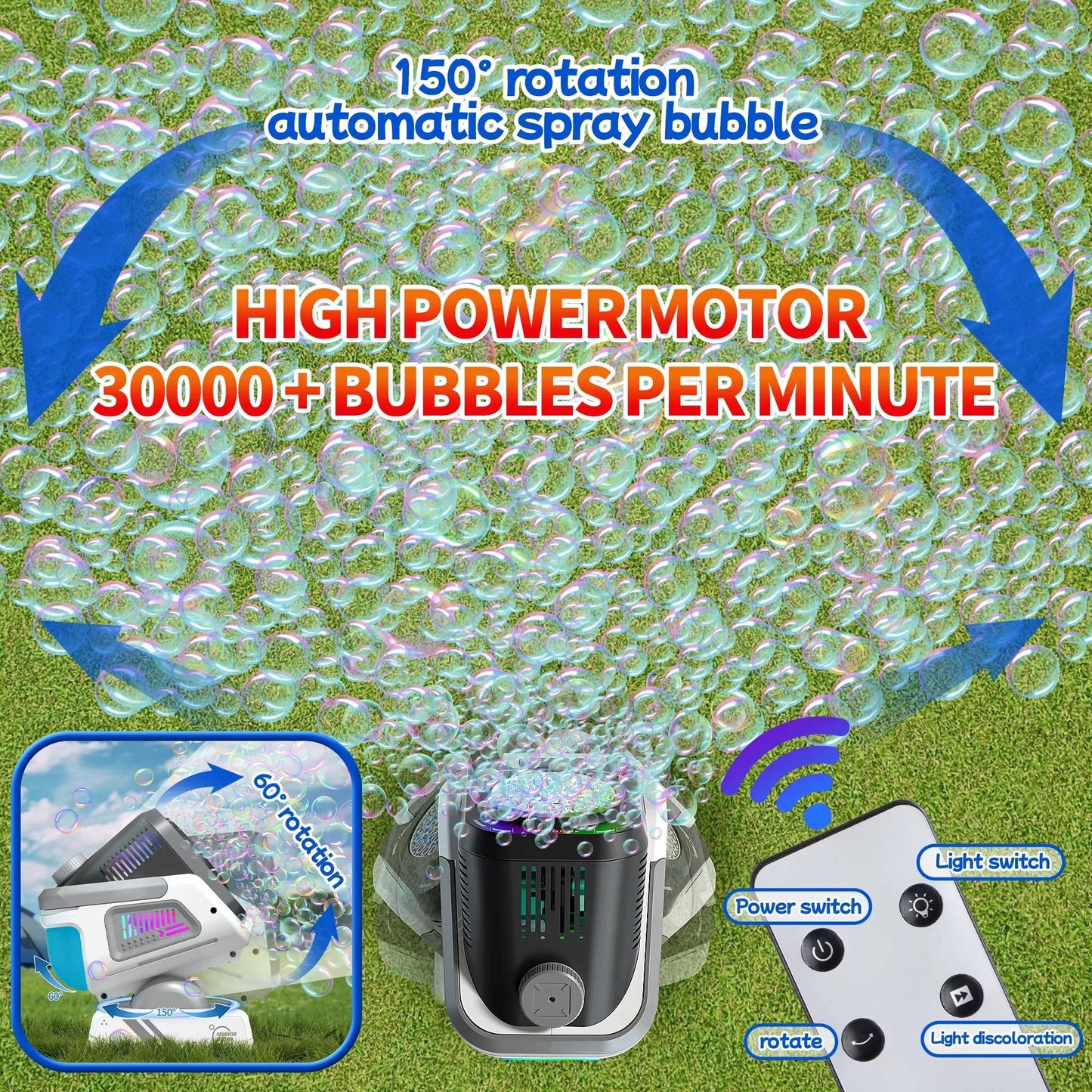 Automatic Bubble Machine with 150-Degree Rotation and 9-Color LED Lighting