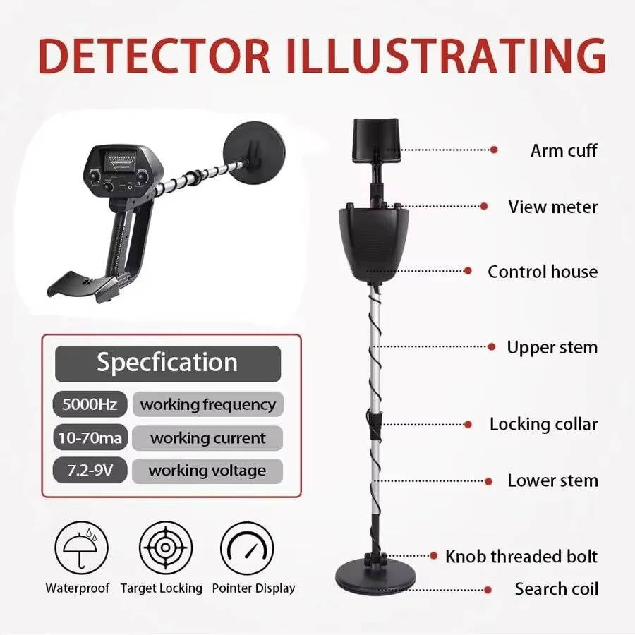Metal Detector with Waterproof Coil and Dual Detection Modes, 11.81in Depth