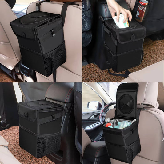 Leak Proof Car Trash Can with Lid and Storage Pockets, Large Capacity Automotive Garbage Bag & Multipurpose Organizer