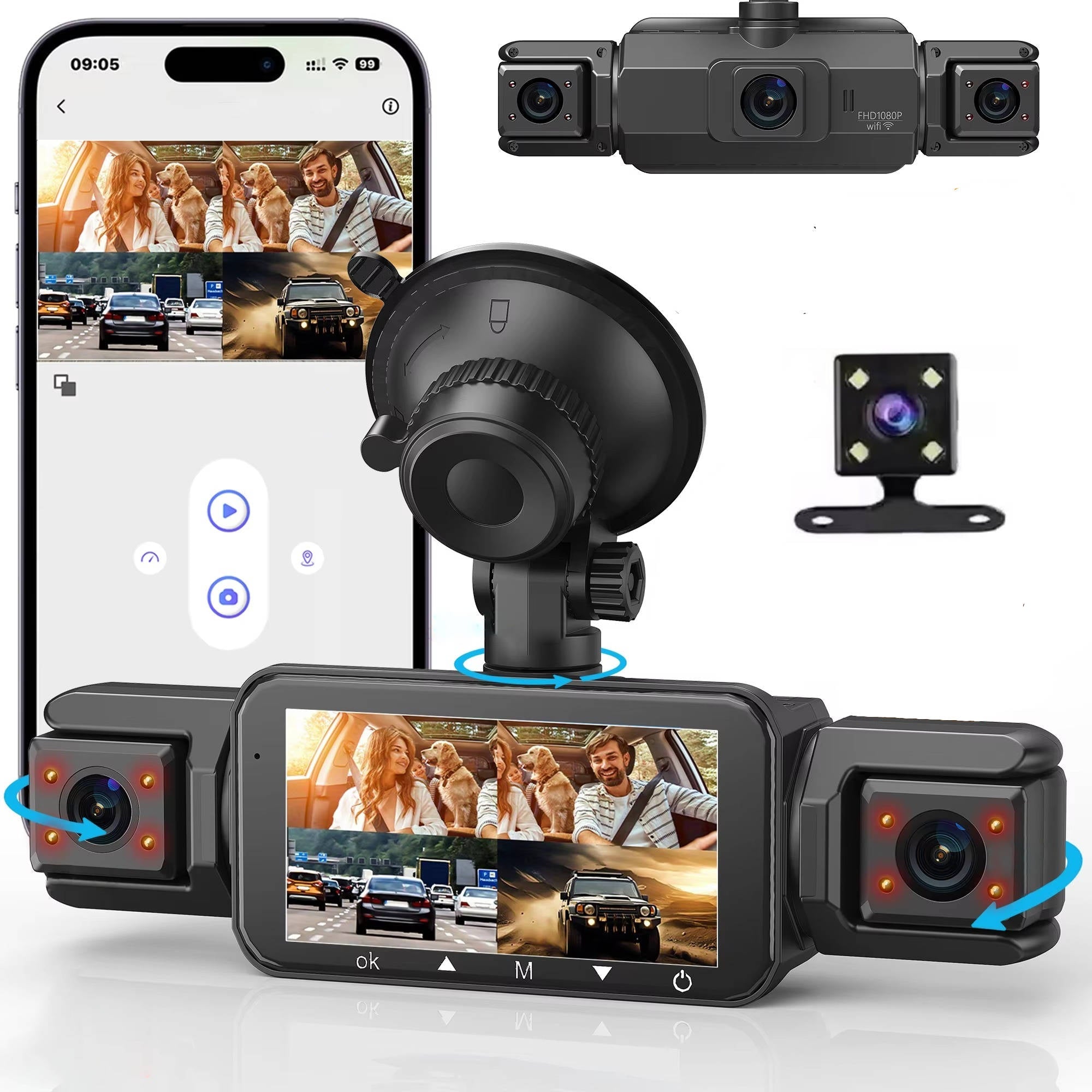 4-Channel Dash Cam with Night Vision and Parking Monitor, WiFi App Con