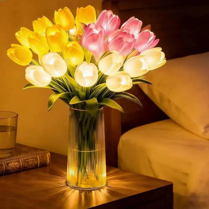 LED Tulip Night Light, Artificial Flower Table Lamp with Real Touch Petals, Battery Operated Lighted Tulip Bouquet for Bedside, Office & Home Decor
