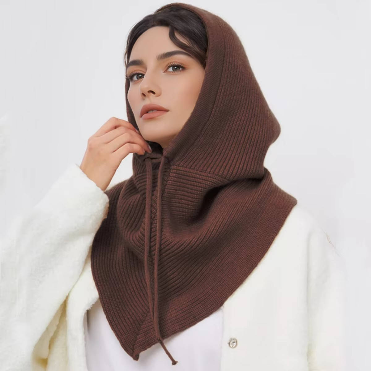 Knit Hood with Attached Scarf and Drawstring Closure