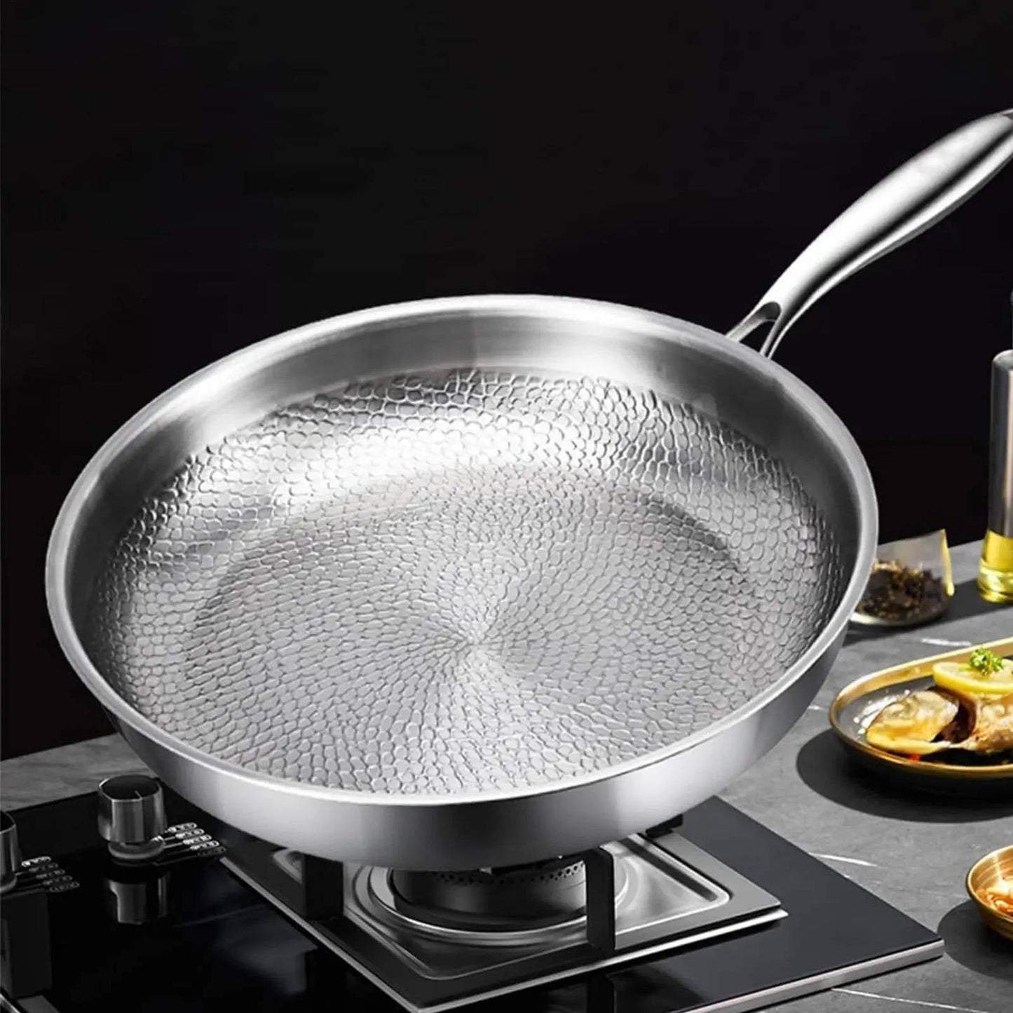 Titanium Steel Skillet with Fish Scale Texture and Curved Rim, Multi-Stove Compatible