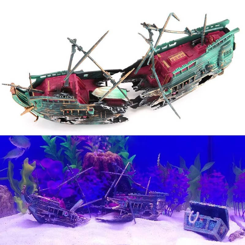 Sunken Boat Aquarium Decoration with Built-In Air System and Multiple Swim Spaces