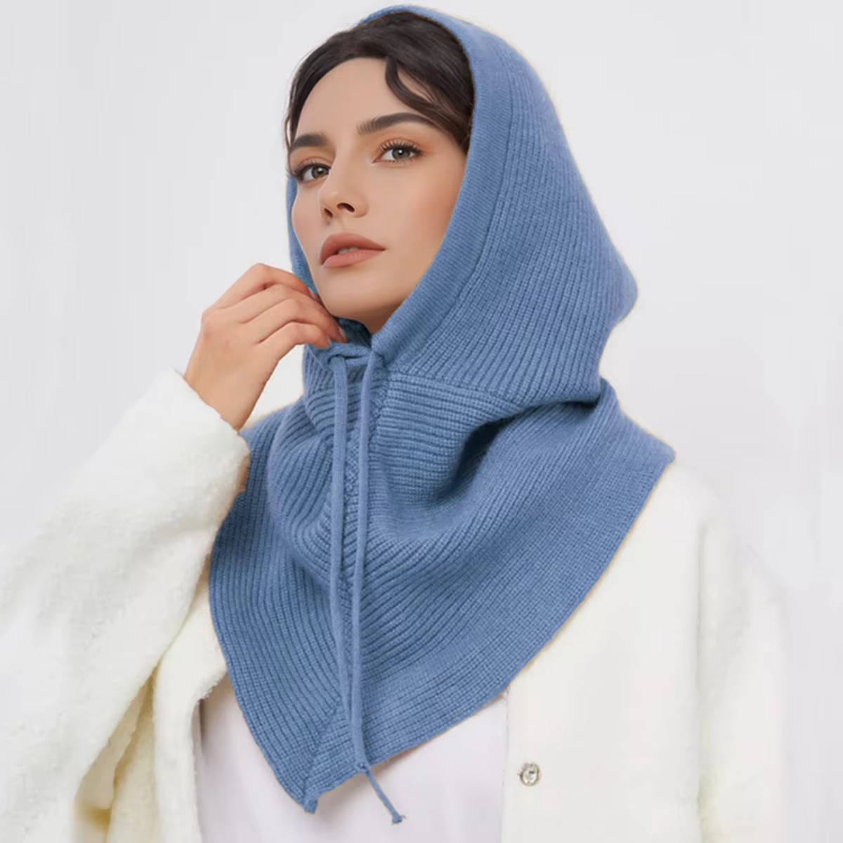 Knit Hood with Attached Scarf and Drawstring Closure