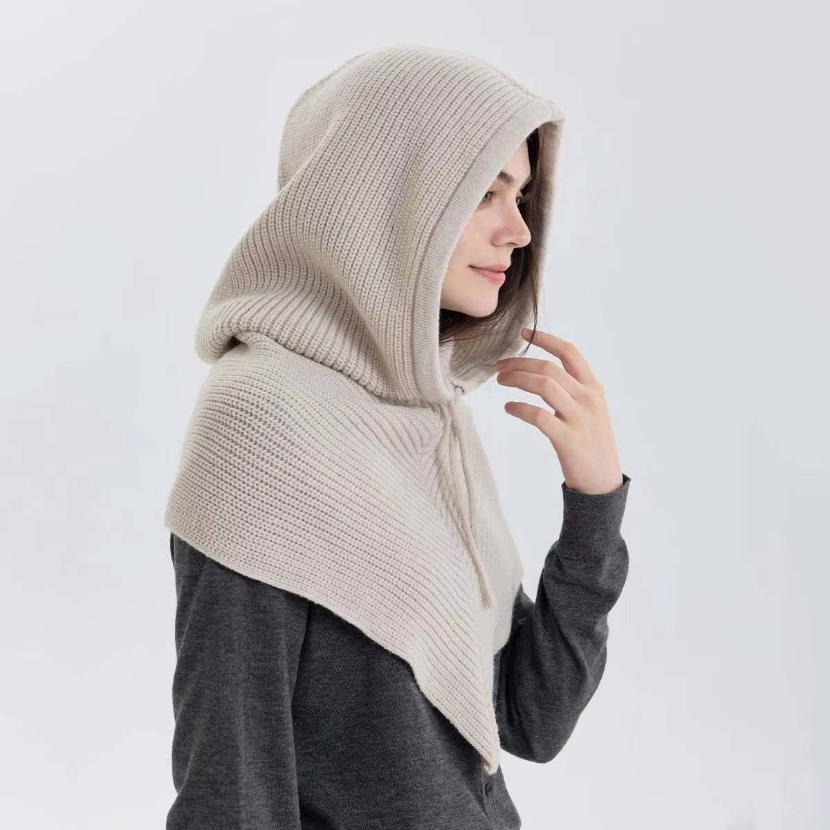 Knit Hood with Attached Scarf and Drawstring Closure