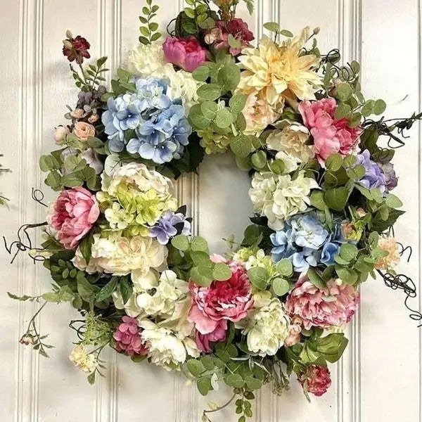 Synthetic Hydrangea Wreath with Rainbow Blooms and Green Foliage