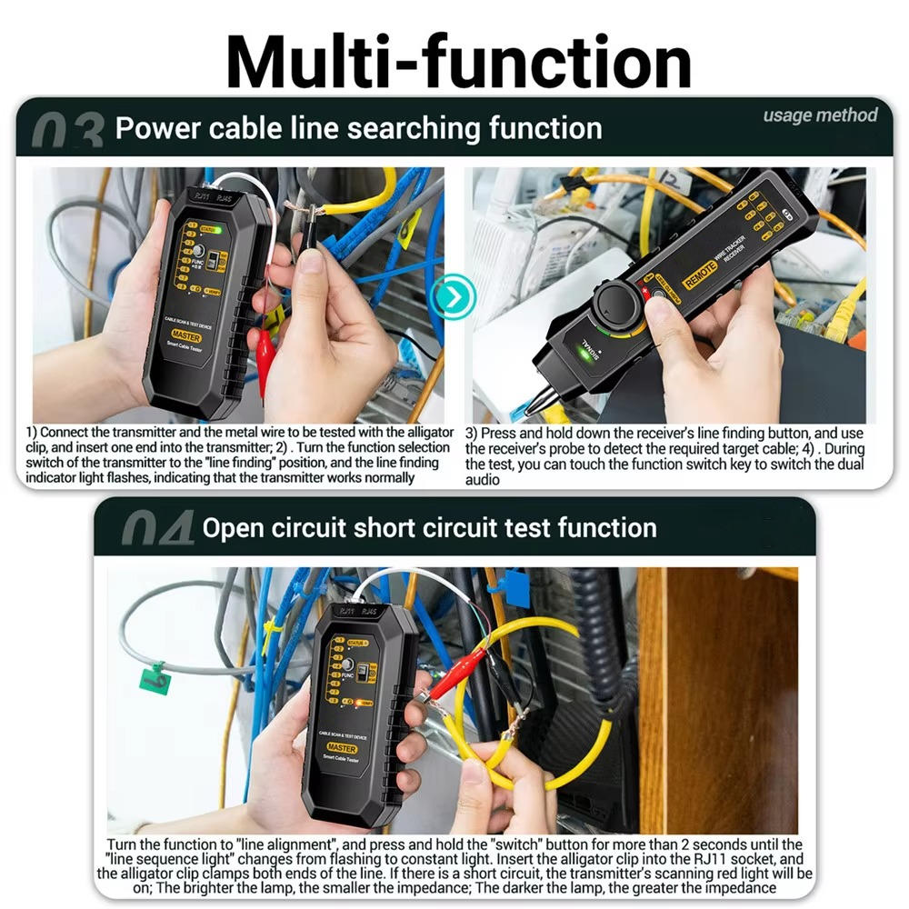 Network Cable Tester with RJ45 and RJ11 Adapters, LED Flashlight