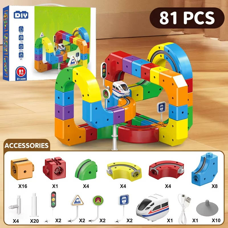 Motorized Magnetic Train Set with Flexible Track Cubes and Traffic Signs