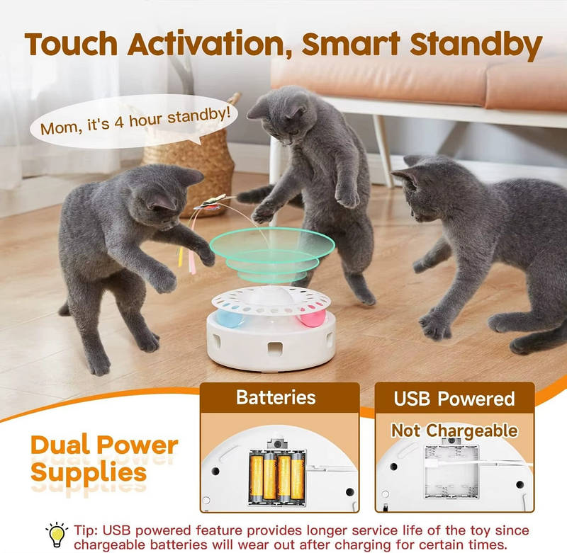 3 in 1 Automatic Cat Toy Interactive, Butterfly Feather Track Ball Kitten Toy USB Powered Indoor Exercise