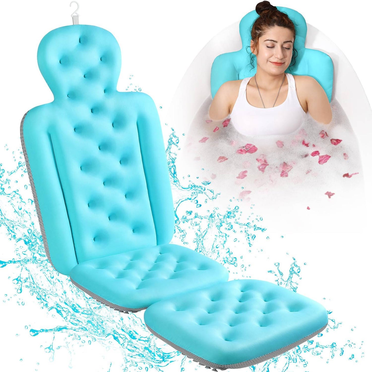 Full Body Bath Pillow for Bathtub, Thick Tub Cushion, Head, Neck & Back Support, Luxury Bath Headrest