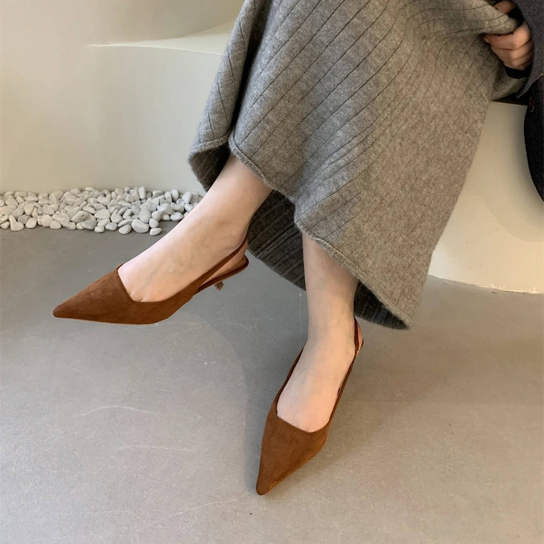 Pointed Toe Slingback Kitten Heels for Women with Microfiber Upper and Slip-On Design