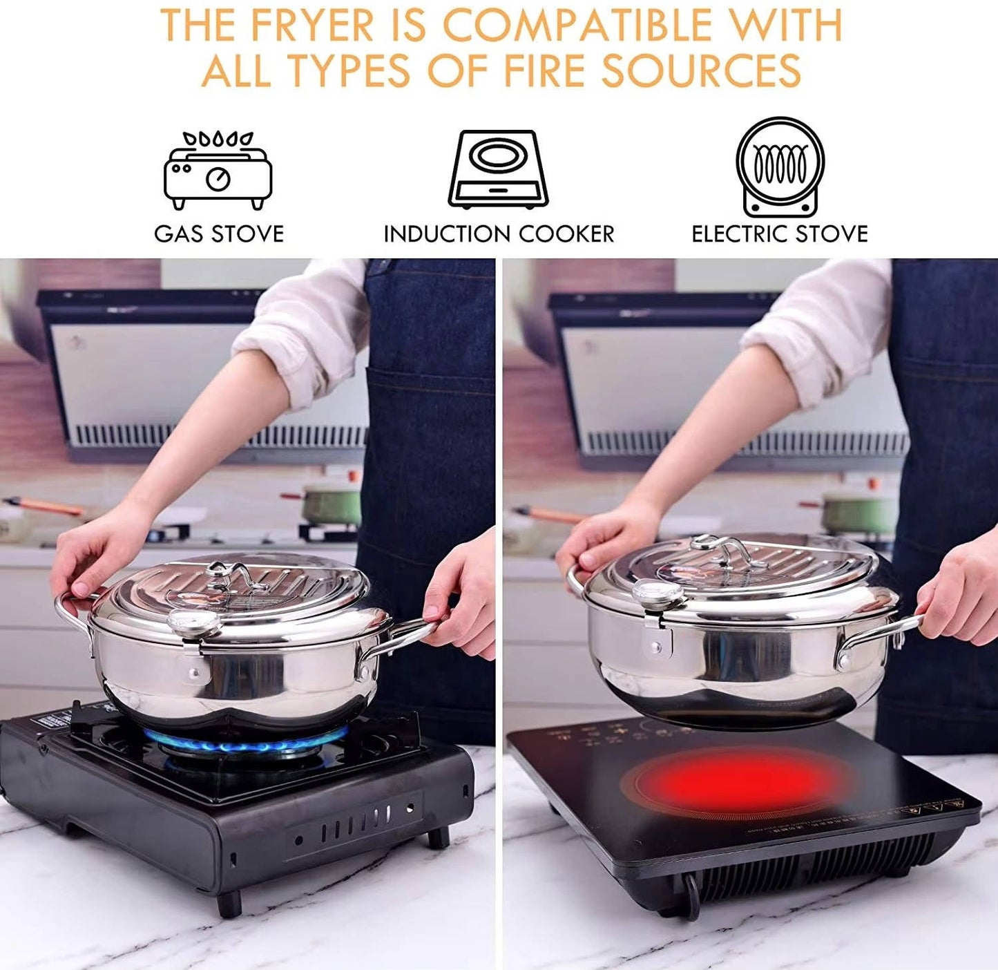 Deep Frying Pot with Splash Guard Lid and Built-in Thermometer, Wire Drain Rack