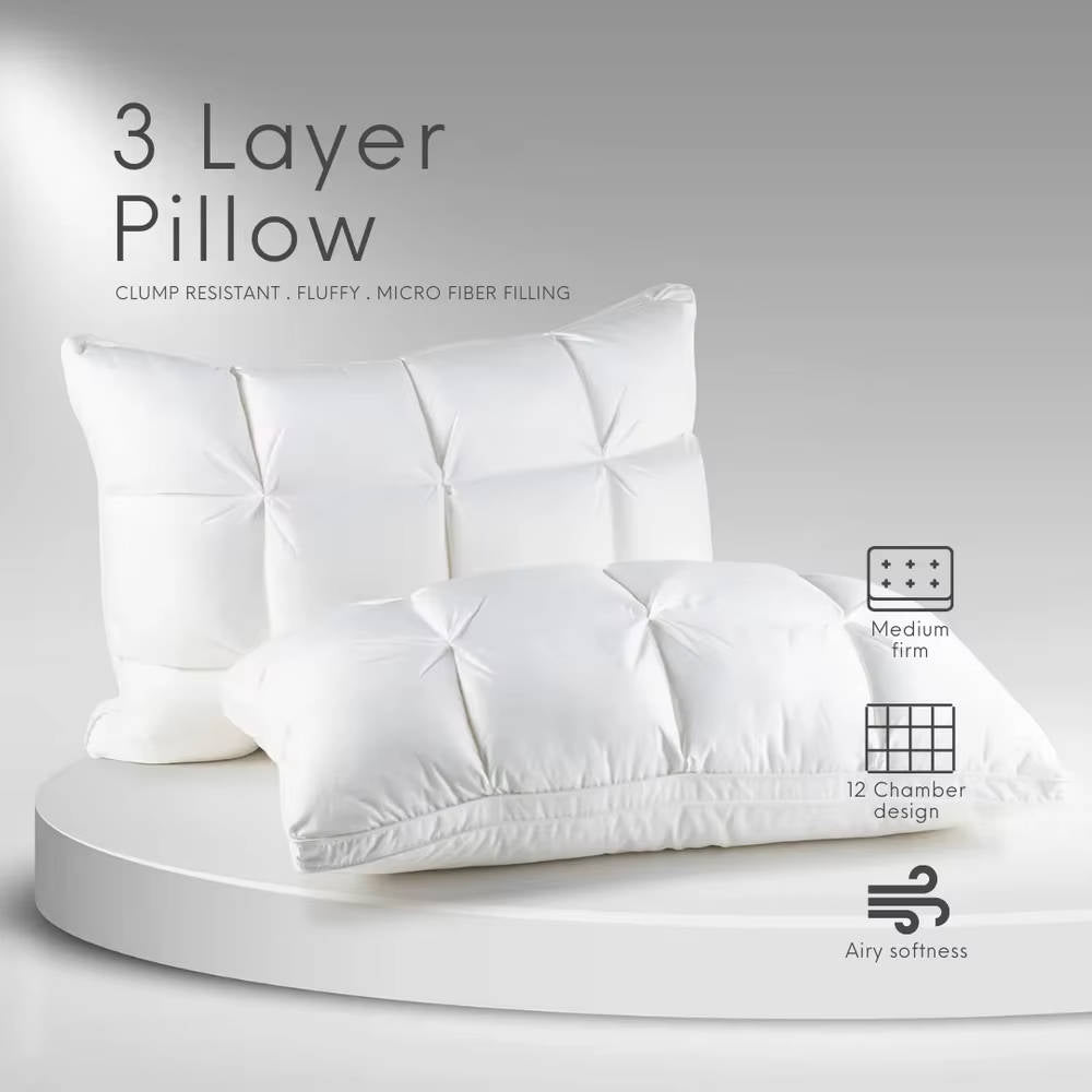 Soft Quilted Puff Grid Design Pillow, Fluffy Breathable Support for Side, Back & Stomach Sleepers, Plush Bed Pillow