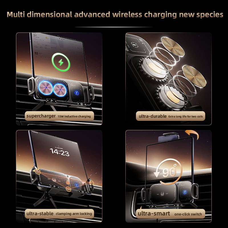 Wireless Charging Car Phone Mount, 15W Fast Charge, 90° Rotation, Air Vent Clip, One Touch Release for Foldable Phones