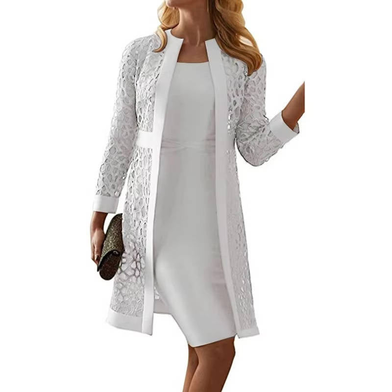 Two Piece Knee Length Sheath Dress with Open Front Lace Jacket and Long Sleeves