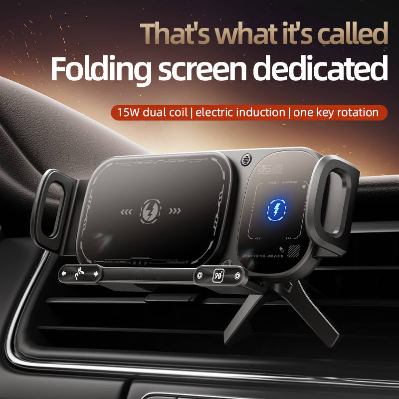 Wireless Charging Car Phone Mount, 15W Fast Charge, 90° Rotation, Air Vent Clip, One Touch Release for Foldable Phones