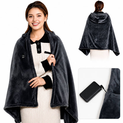 Cordless Heated Blanket with Hood, Rechargeable Wearable Throw with 9 Heating Zones & 3 Heat Levels for Camping