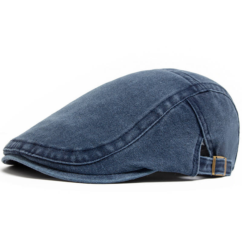 Washed Cotton Denim Newsboy Cap with Adjustable Interior Band and Eight Panel Design