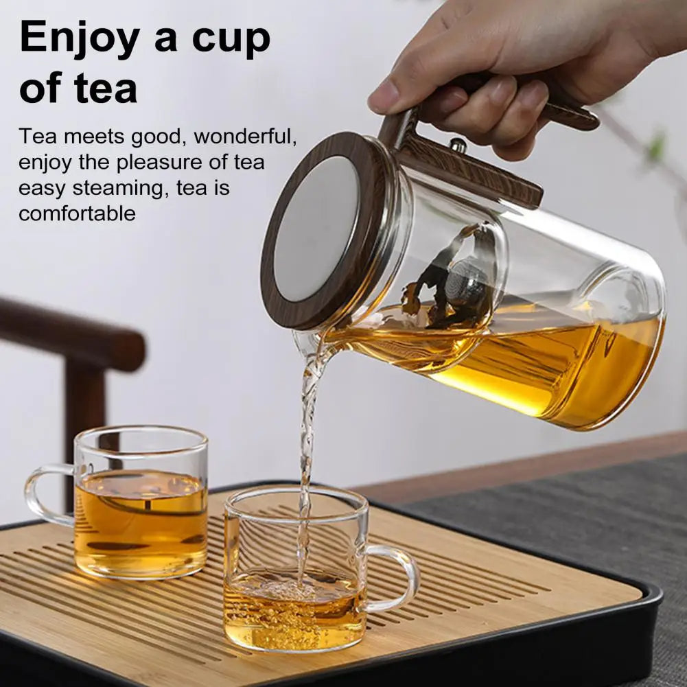 Glass Teapot with Removable Fine Mesh Infuser and Water Separation, Wooden Handle