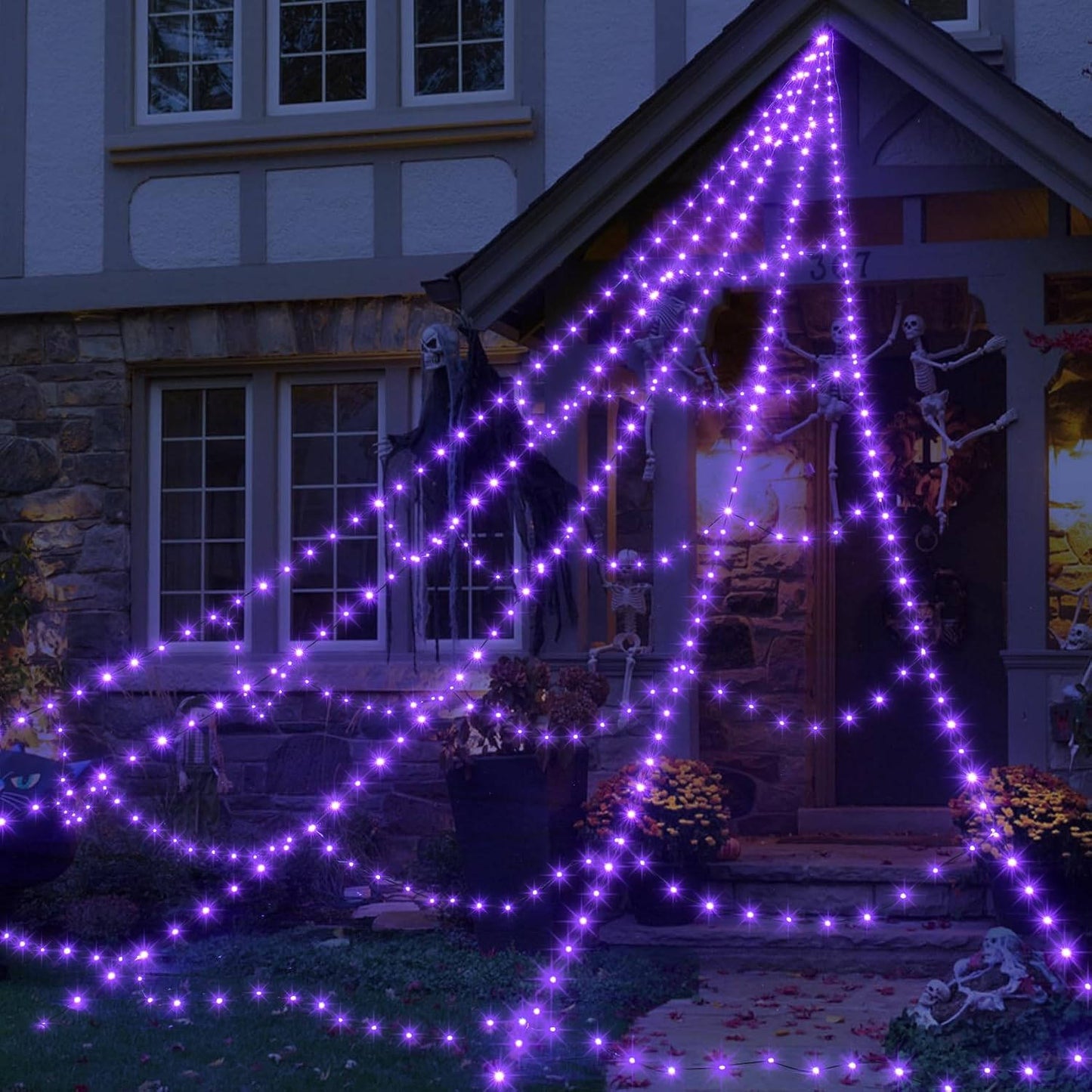 455 LED Halloween Spider Web Lights, 16.4 FT Giant Spider Web with Remote and 8 Lighting Modes
