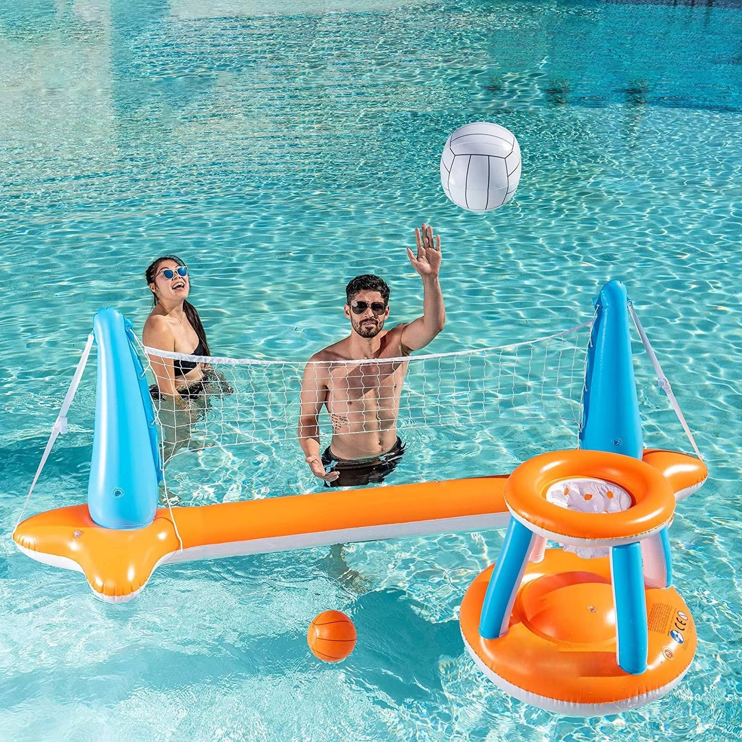 Inflatable Pool Volleyball Net, Pool Games for Kids and Adult, Included Basketball Hoops