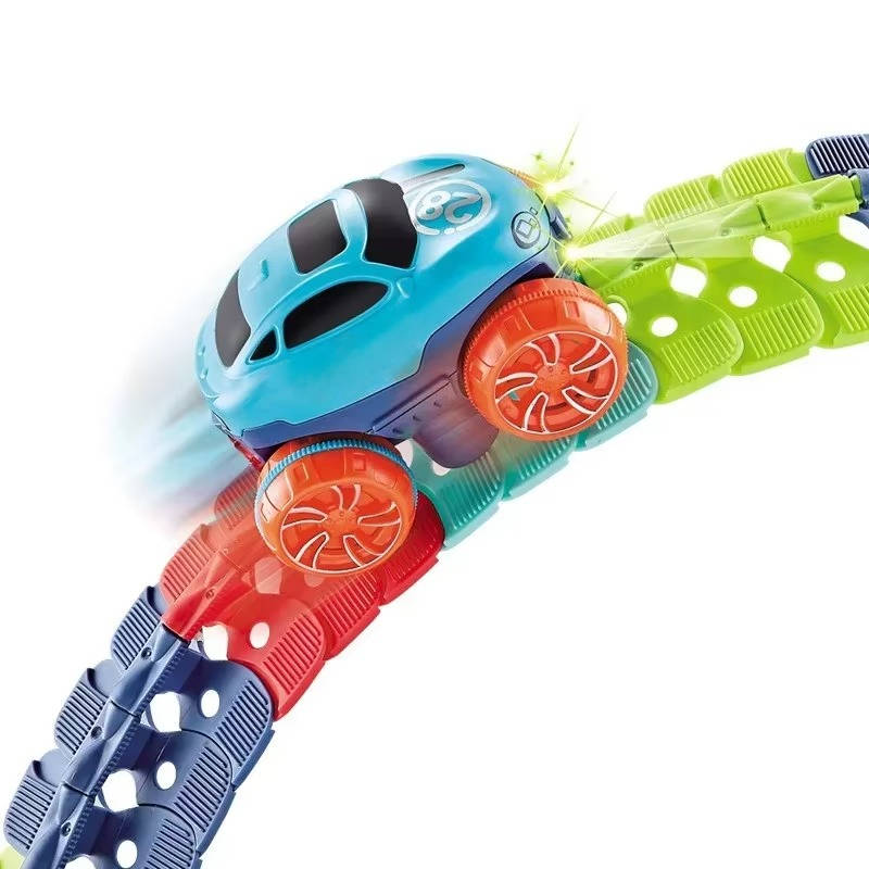 LED Race Track for Kids with Flexible Modular Track and Anti-Tip Car, USB Rechargeable
