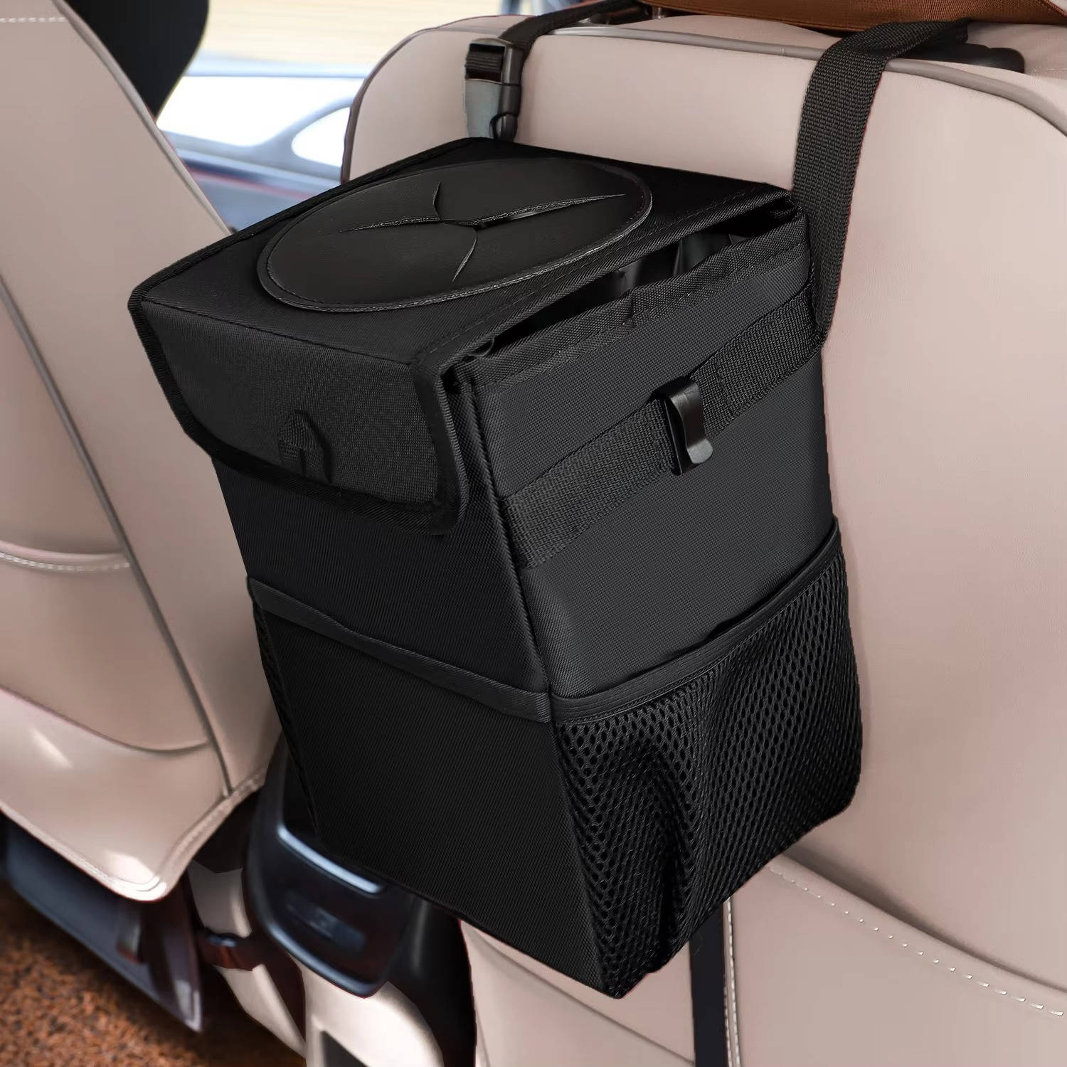 Leak Proof Car Trash Can with Lid and Storage Pockets, Large Capacity