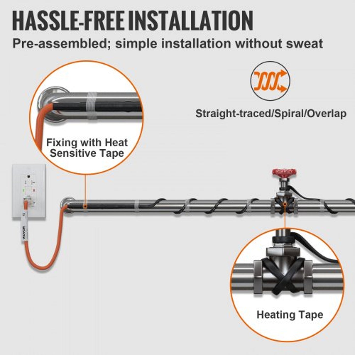 Pipe Heating Cable with Automatic Thermostat Control, 60ft Self-Regulating
