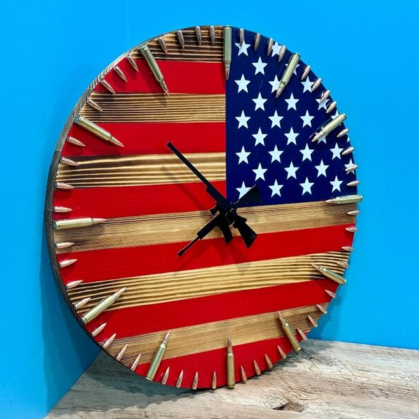 Rustic Wall Clock with American Flag Design and Bullet Hour Markers