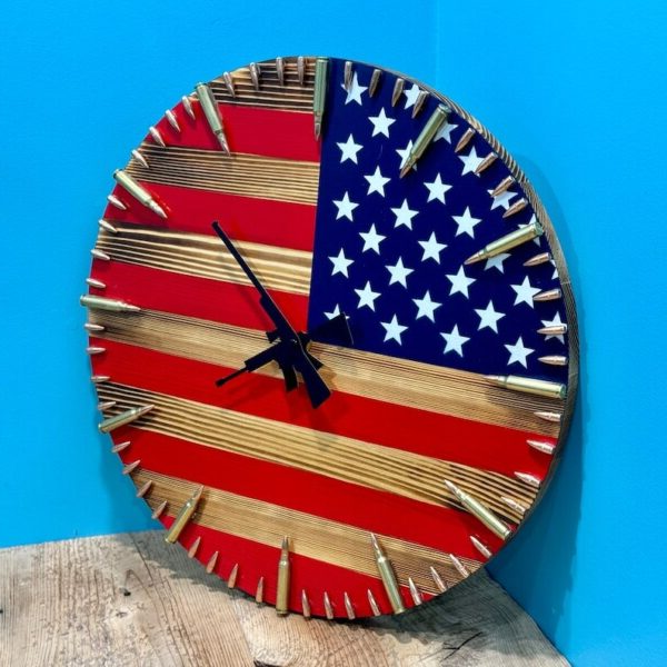 Rustic Wall Clock with American Flag Design and Bullet Hour Markers