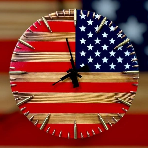 Rustic Wall Clock with American Flag Design and Bullet Hour Markers