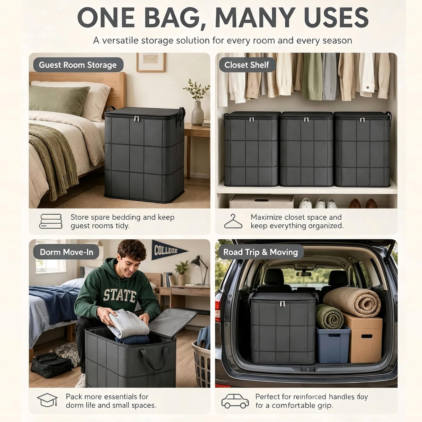 Large Fabric Storage Bag, High Capacity Zipper Organizer for Bedding Linens Clothes and Apparel, Closet Storage and Moving
