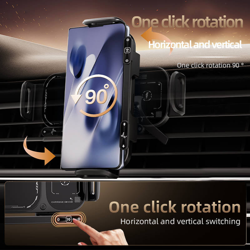 Wireless Charging Car Phone Mount, 15W Fast Charge, 90° Rotation, Air Vent Clip, One Touch Release for Foldable Phones