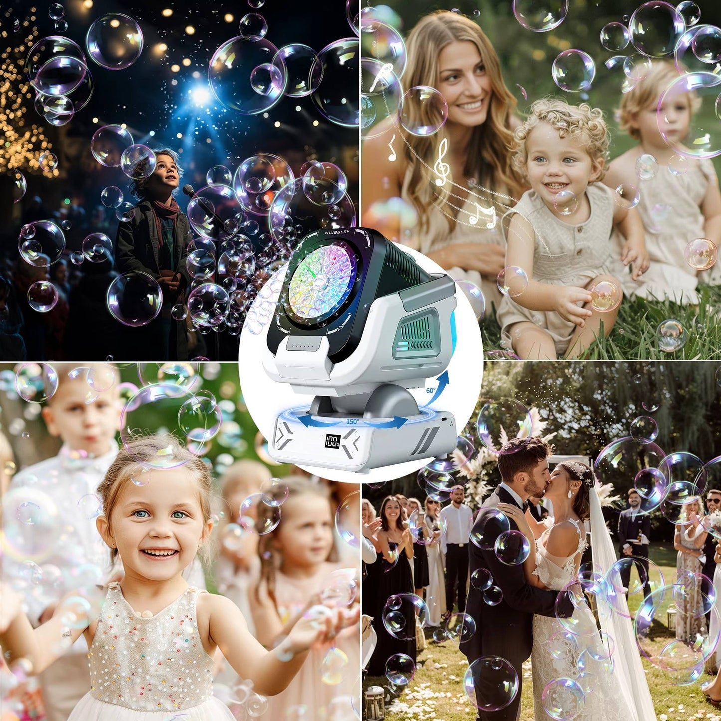 Automatic Bubble Machine with 150-Degree Rotation and 9-Color LED Lighting