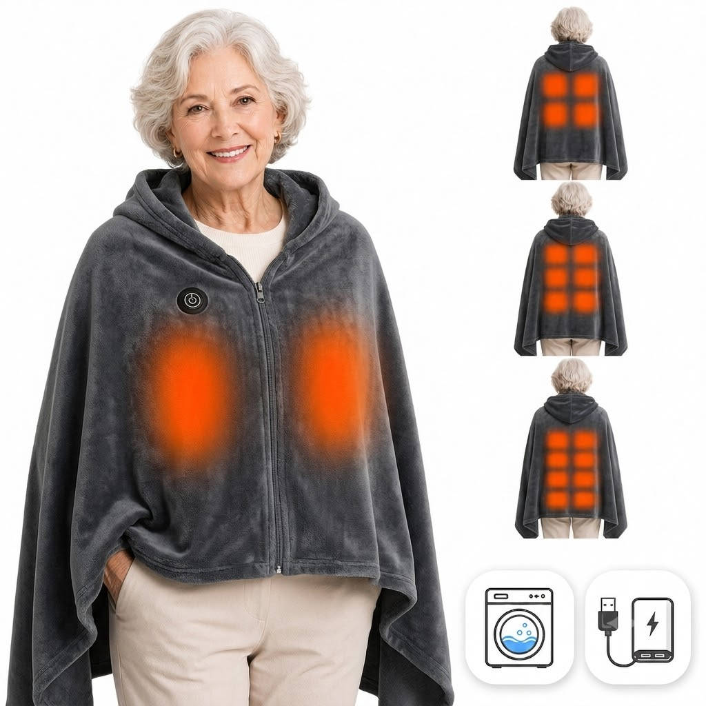 Cordless Heated Blanket with Hood, Rechargeable Wearable Throw with 9 Heating Zones & 3 Heat Levels for Camping