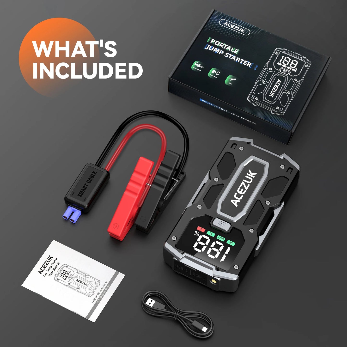 Car Jump Starter with 12800mAh Power Bank and LCD Display, 3000A Peak Current