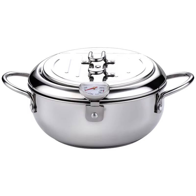 Deep Frying Pot with Splash Guard Lid and Built-in Thermometer, Wire Drain Rack